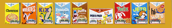 9 Big G cereal boxes, each with a new Pontiac on the front!